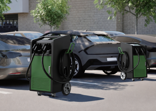 Carregadores móveis DC de 60 kW atendendo veículos em estacionamento