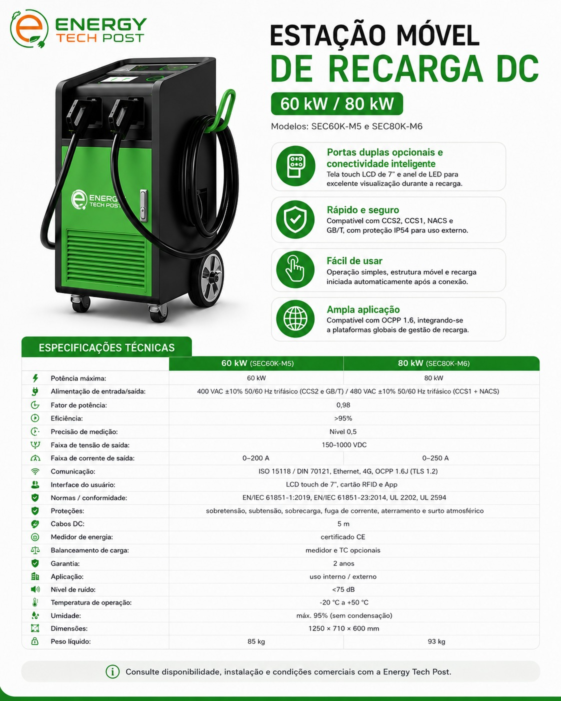 Ficha técnica da estação móvel de recarga DC de 60 kW e 80 kW da Energy Tech Post